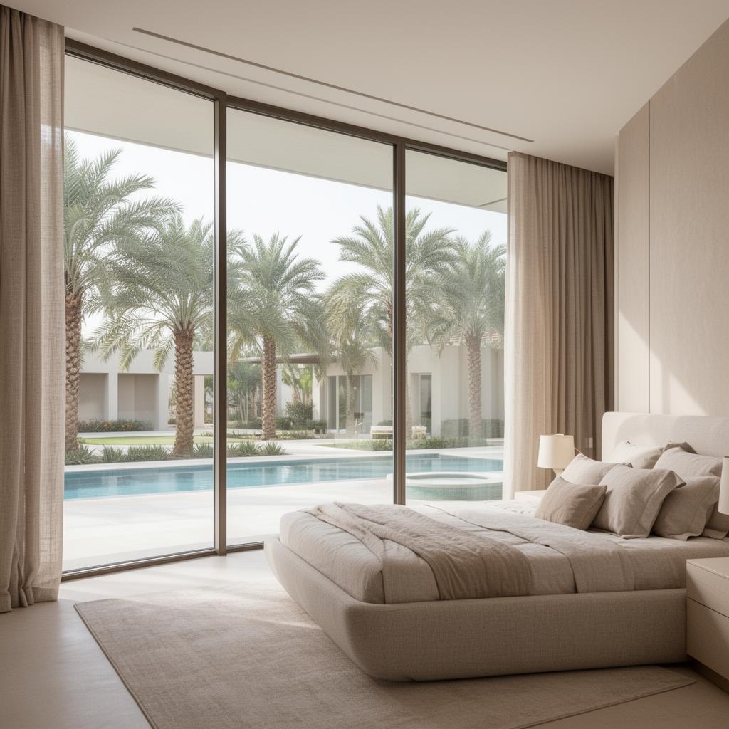 Villa bedroom overlooking pool